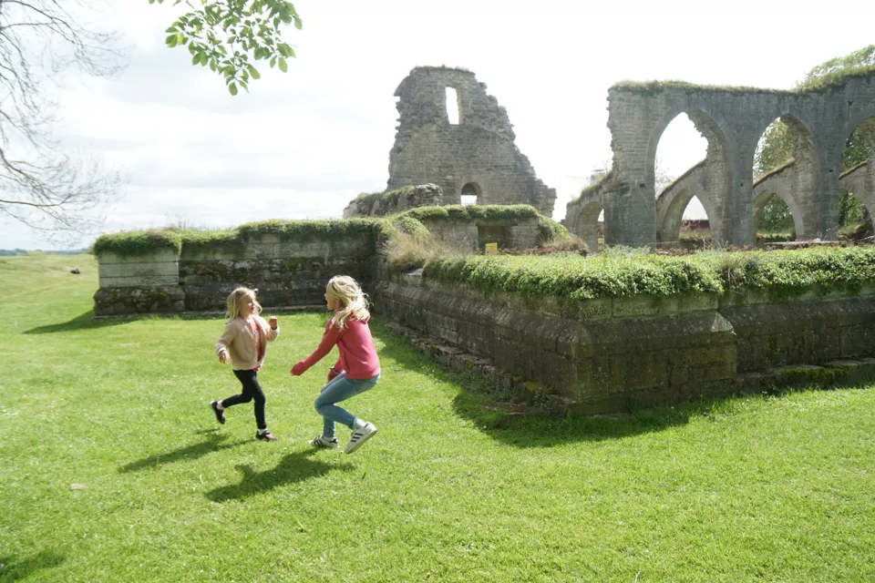 Två barn vid Alvastra klosterruin