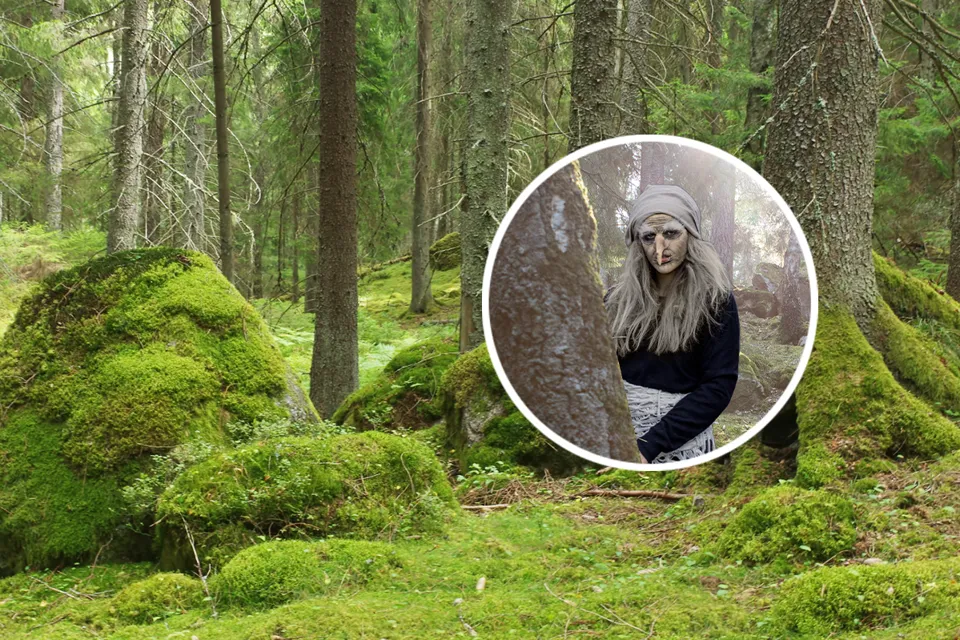 A woman standing in the middle of a forest.