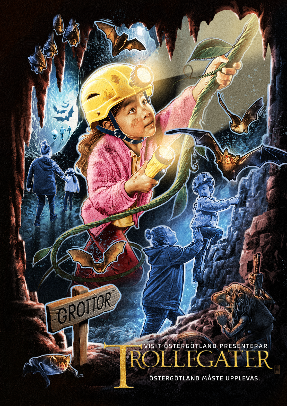 Barn klättrar i grotta