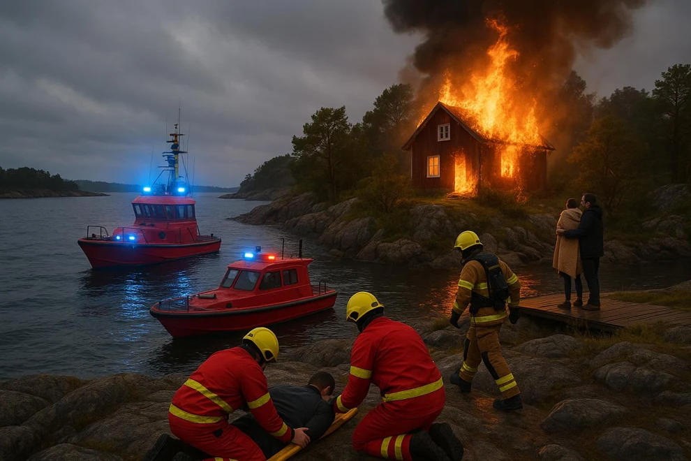 Skärgården brinner, räddningsbåtar och brandmän släcker eld