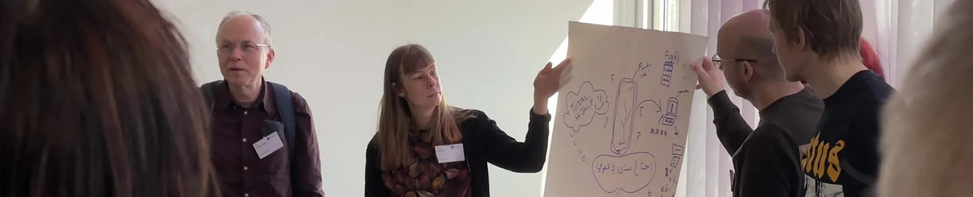 En grupp människor som står runt en whiteboardtavla.