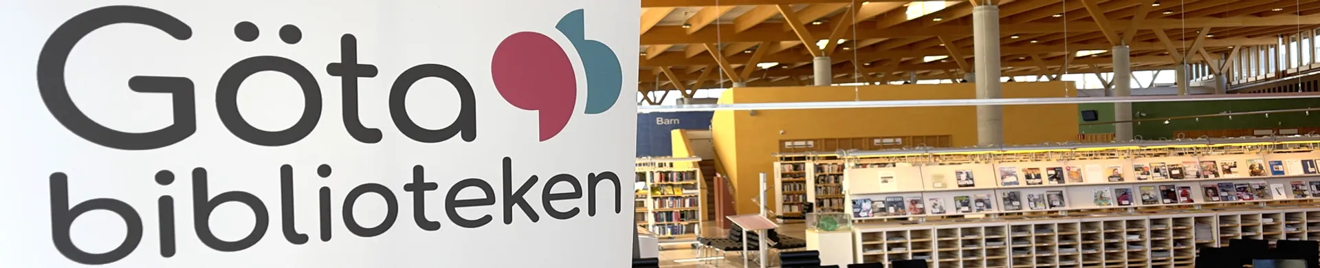 En stor skylt på en byggnad där det står ”Gota Bibliotken”.