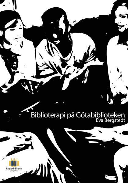 Omslag boken Biblioterapi på Götabiblioteken, svart stilicerad, personer skrattar