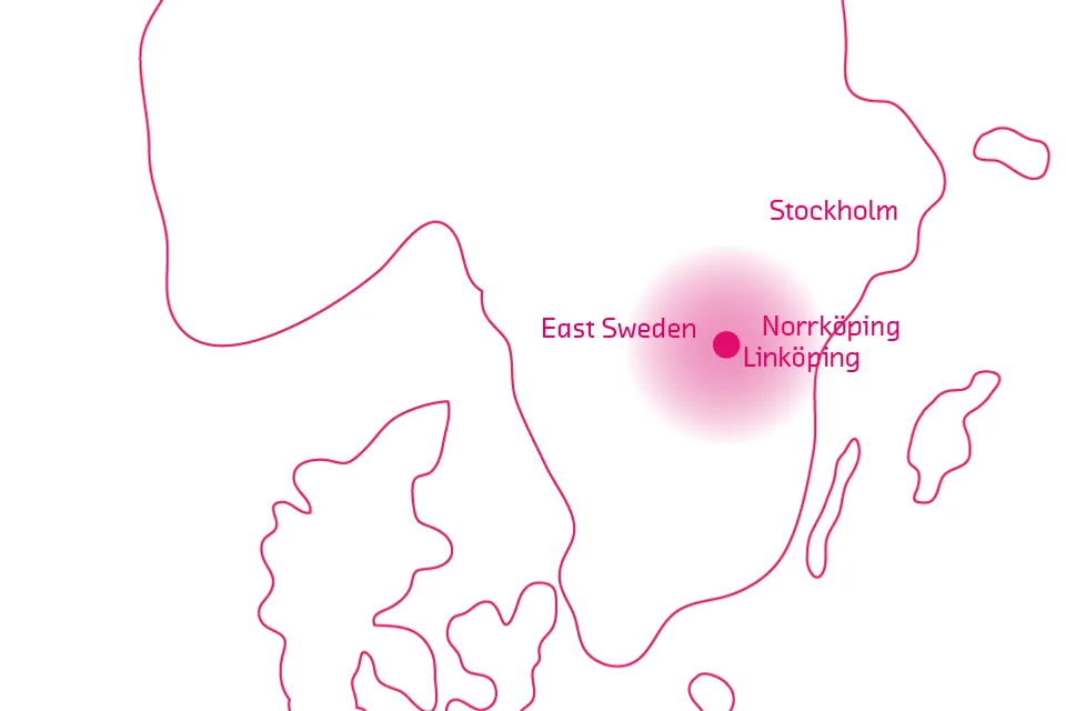 Karta över södra Sverige där East Sweden, Norrköping, Linköping och Stockholm är markerade