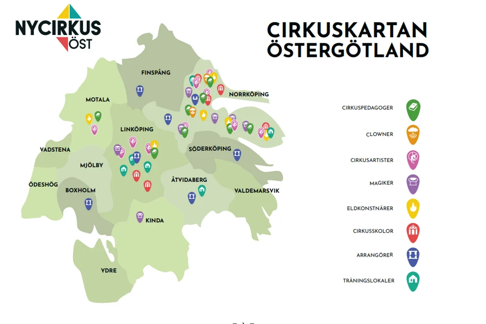 Karta över vilka cirkusaktörer som finns i Östergötland