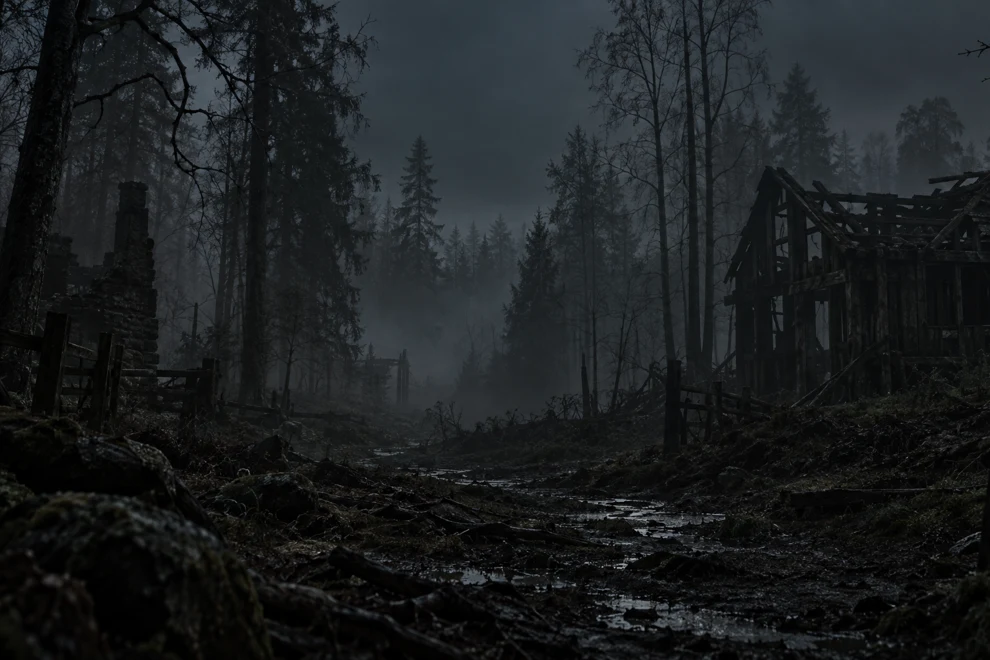 En mörk skog full av massor av träd.